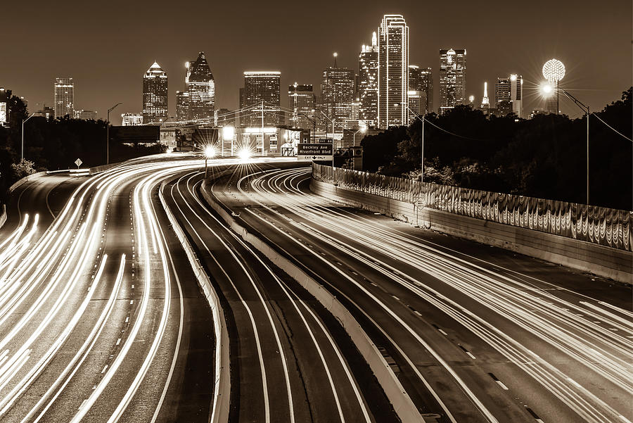Dallas Skyline at Night - Sepia - Texas Art Photograph by Gregory Ballos
