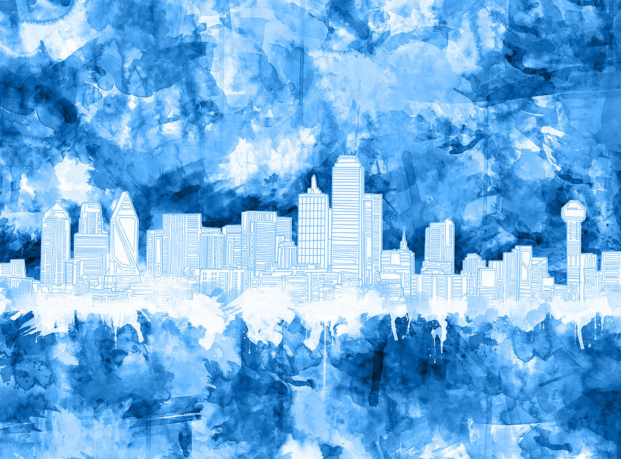 Dallas Skyline Brush Strokes Blue Painting by Bekim M