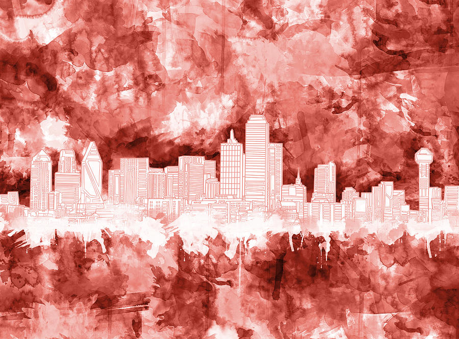 Dallas Skyline Brush Strokes Red Painting by Bekim M