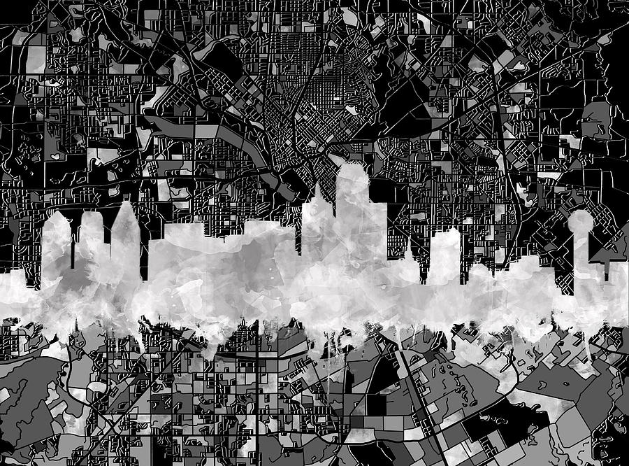 Dallas Skyline Map Black And White 2 Painting by Bekim M