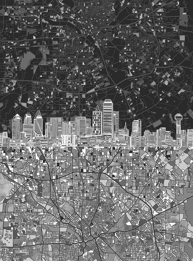 Dallas Skyline Map Black And White 3 Painting by Bekim M