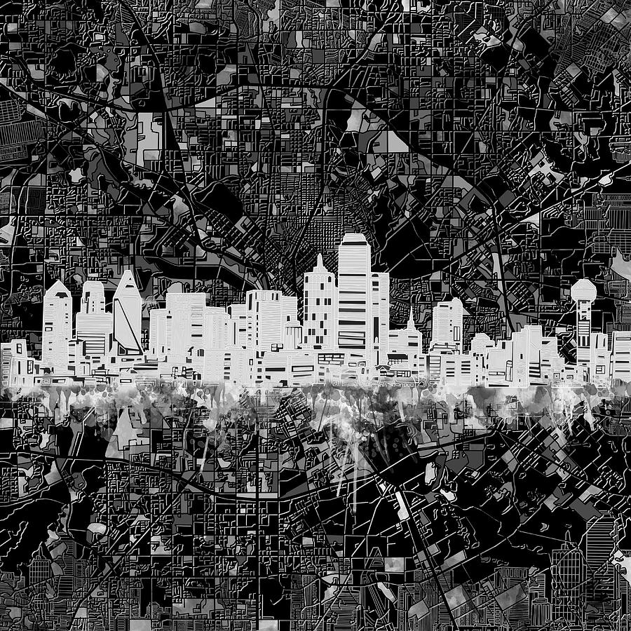 Dallas Skyline Map Black And White 5 Painting by Bekim M