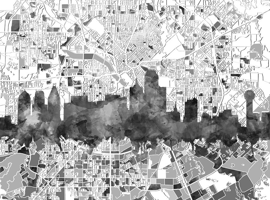 Dallas Skyline Map Black And White Painting by Bekim M