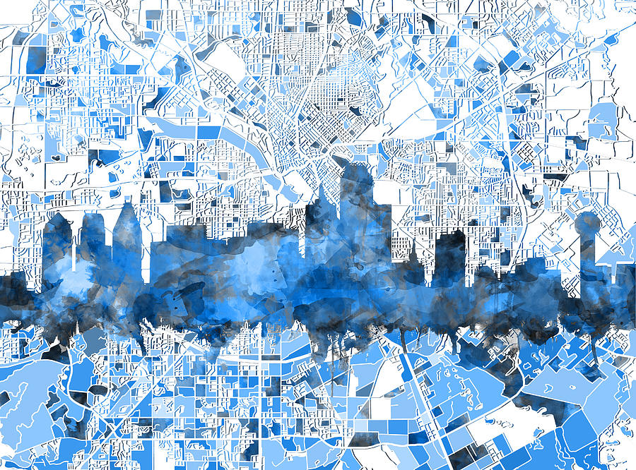 Dallas Skyline Map Blue 2 Painting by Bekim M