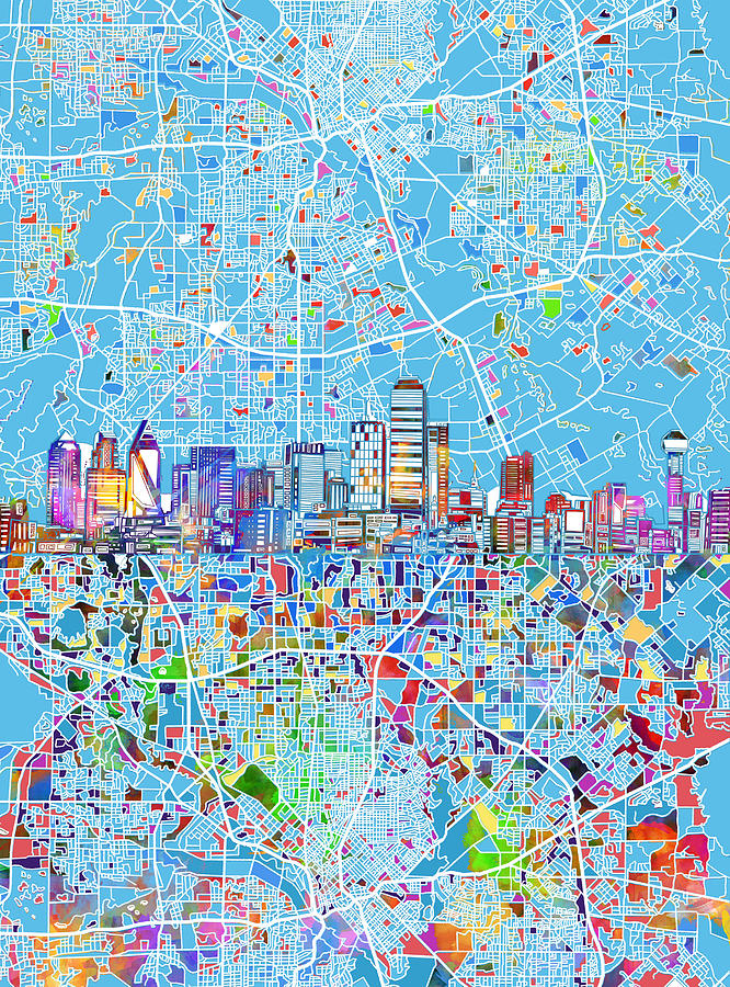 Dallas Skyline Map Blue 3 Painting by Bekim M