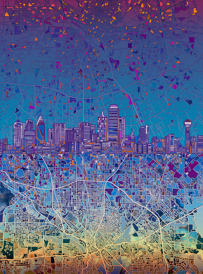 Dallas Skyline Map Blue 4 Painting by Bekim M
