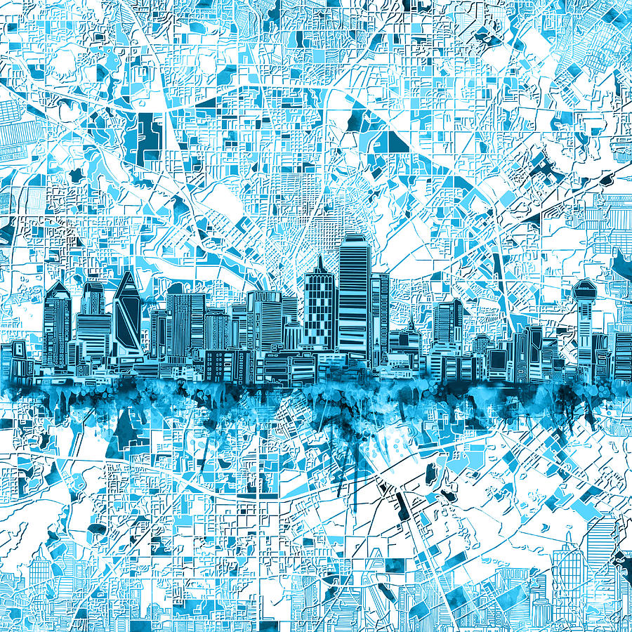 Dallas Skyline Map Blue 6 Painting by Bekim M