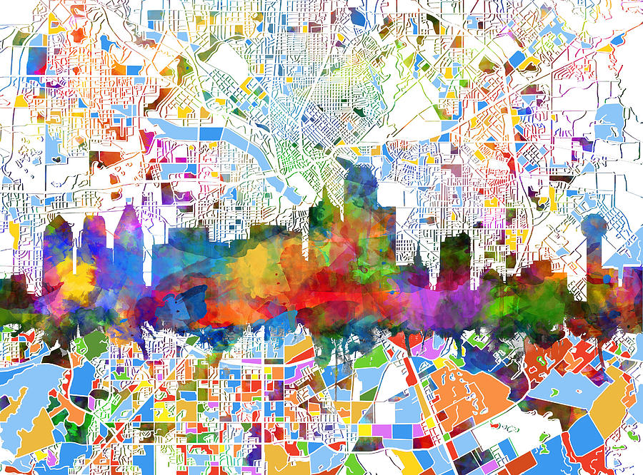 Dallas Skyline Map Color 3 Painting by Bekim M