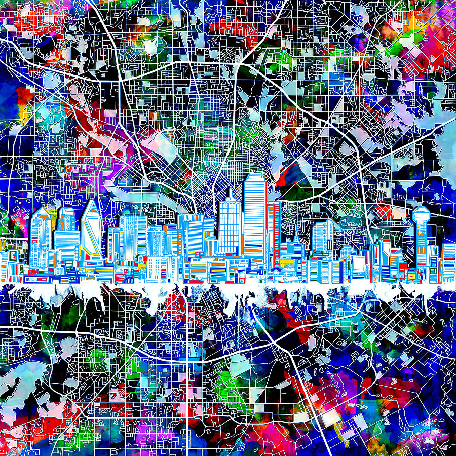 Dallas Painting - Dallas Skyline Map Color 4 by Bekim M