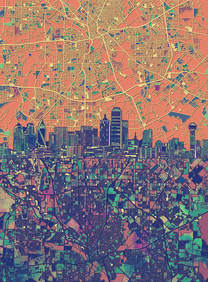 Dallas Skyline Map Orange Painting by Bekim M