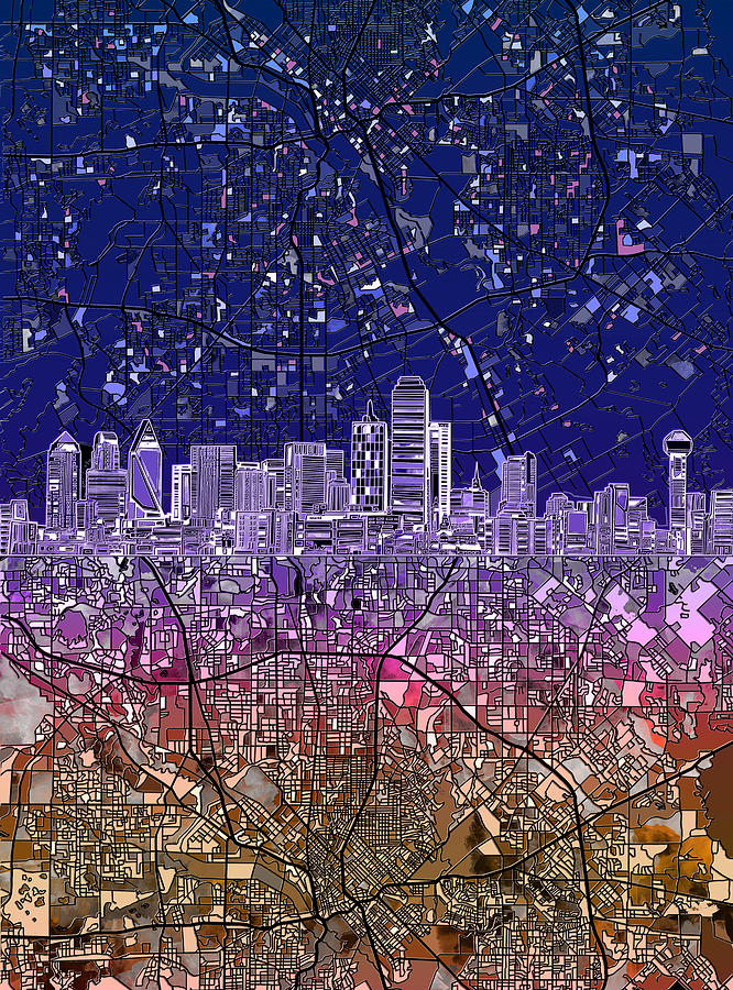 Dallas Skyline Map Purple 2 Painting by Bekim M