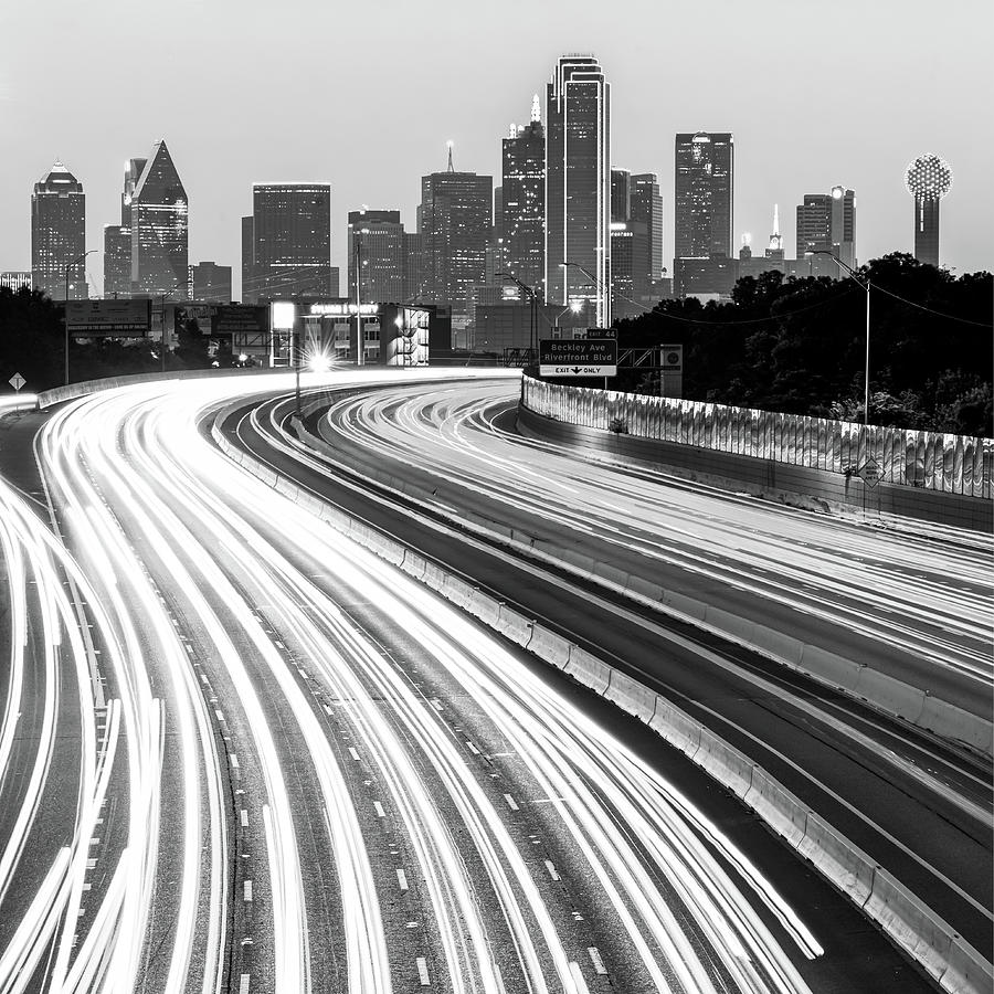 Dallas Skyline Traffic Black and White - Square 1x1 Format Photograph by Gregory Ballos