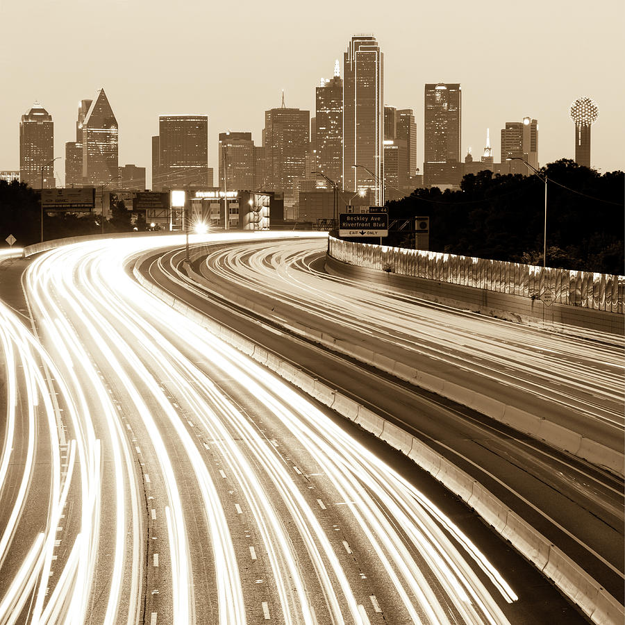 Dallas Skyline Traffic Sepia - Square 1x1 Format Photograph by Gregory Ballos