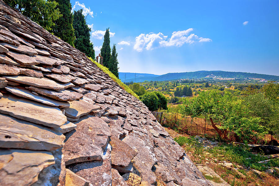 Dalmatian stone roof detail and Skrip village landscape view Photograph by Brch Photography