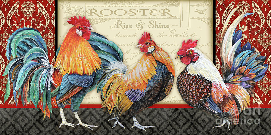Damask Rooster-E Painting by Jean Plout