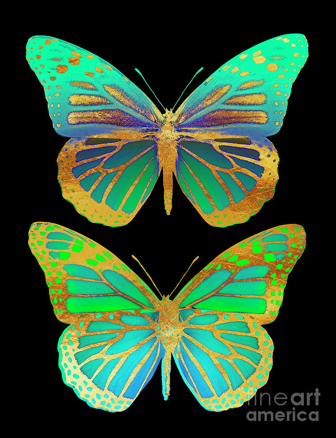 Psychedelia Painting - Danaus Plexippus Psychedelicus II, Pop Art Gold Psychedelic Butterflies by Tina Lavoie