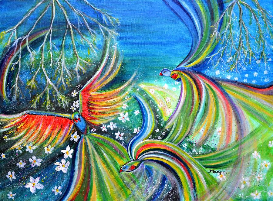 Dance of the Birds textured abstract colorful painting Painting by Manjiri Kanvinde
