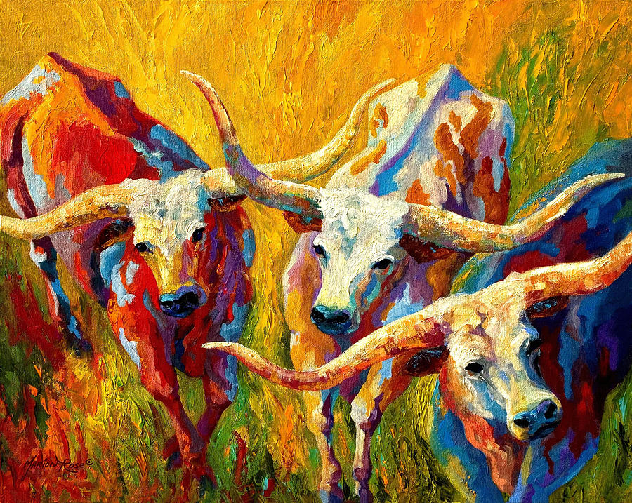 Western Painting - Dance Of The Longhorns by Marion Rose