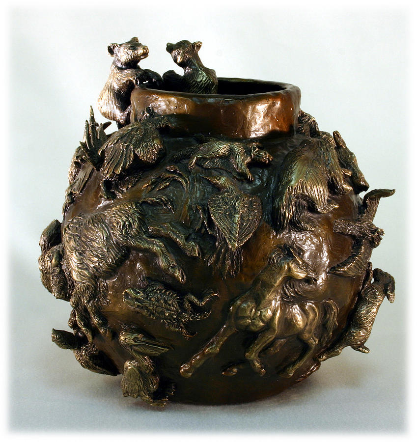 Wildlife Sculpture - Dance of the Seasons - Bronze Bowl with Bear Cubs by Dawn Senior-Trask