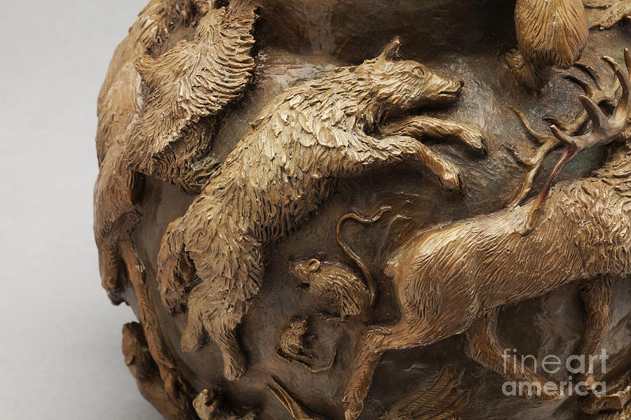 Wildlife Sculpture - Dance of the Seasons - bronze wildlife bowl detail - wolf and jumping mice by Dawn Senior-Trask