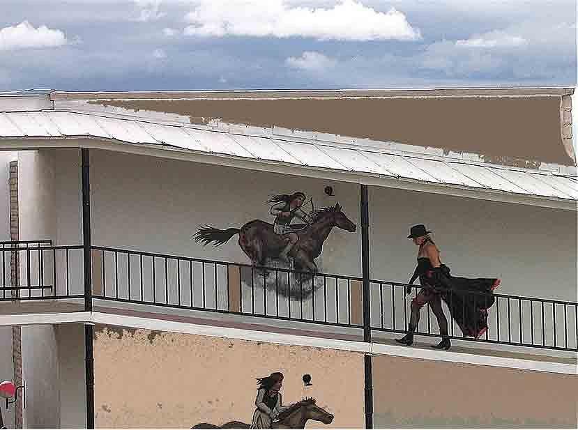 Dancehall re-enactor and Apache warrior drawn on motel wall Tombstone Arizona 2004-2008   Photograph by David Lee Guss