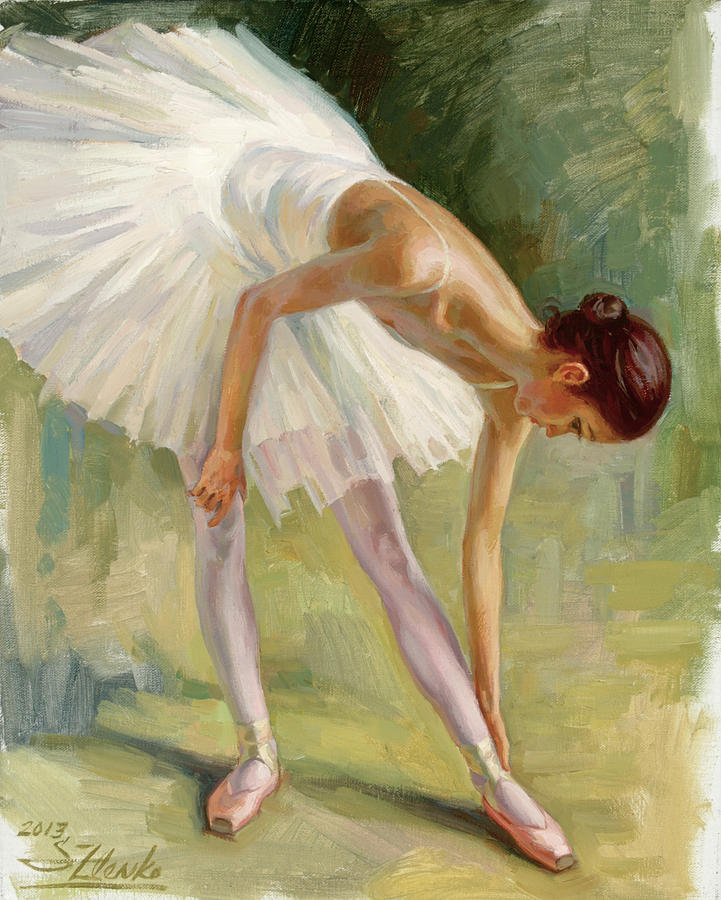 Dancer adjusting her slipper. Painting by Serguei Zlenko