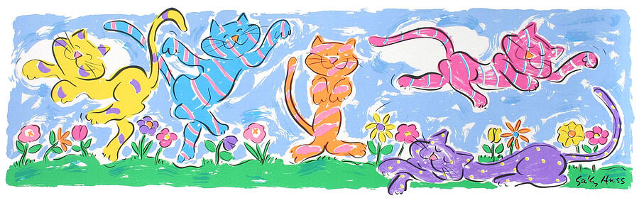 Yellow Cats Painting - Dancing Cats by Sally Huss