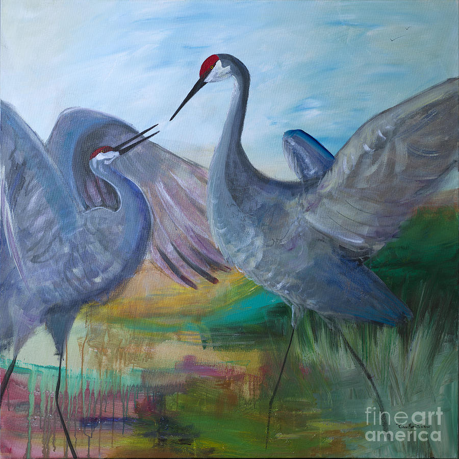 Dancing Cranes Painting by Robin Pedrero