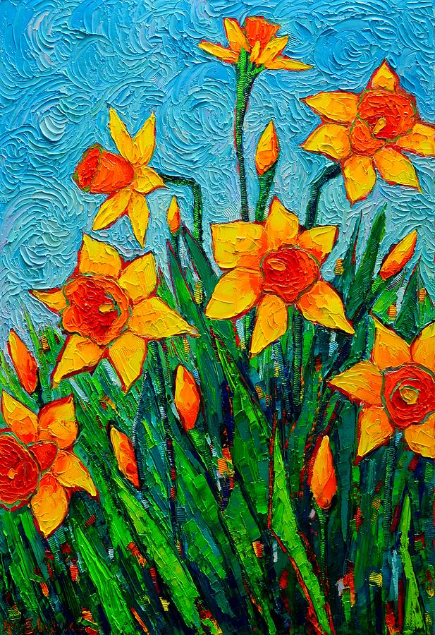 Flower Painting - Dancing Daffodils - Spring Flowers - Original Palette Knife Oil Painting By Ana Maria Edulescu  by Ana Maria Edulescu