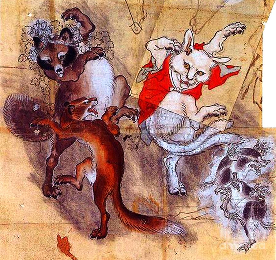 Japanese Meiji Period Dancing Feral Cat with Wild Animal Friends Painting by Peter Ogden