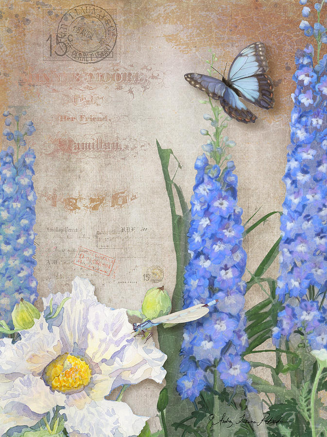 Dancing in the Wind - Damselfly n Morpho Butterfly w Delphinium Painting by Audrey Jeanne Roberts