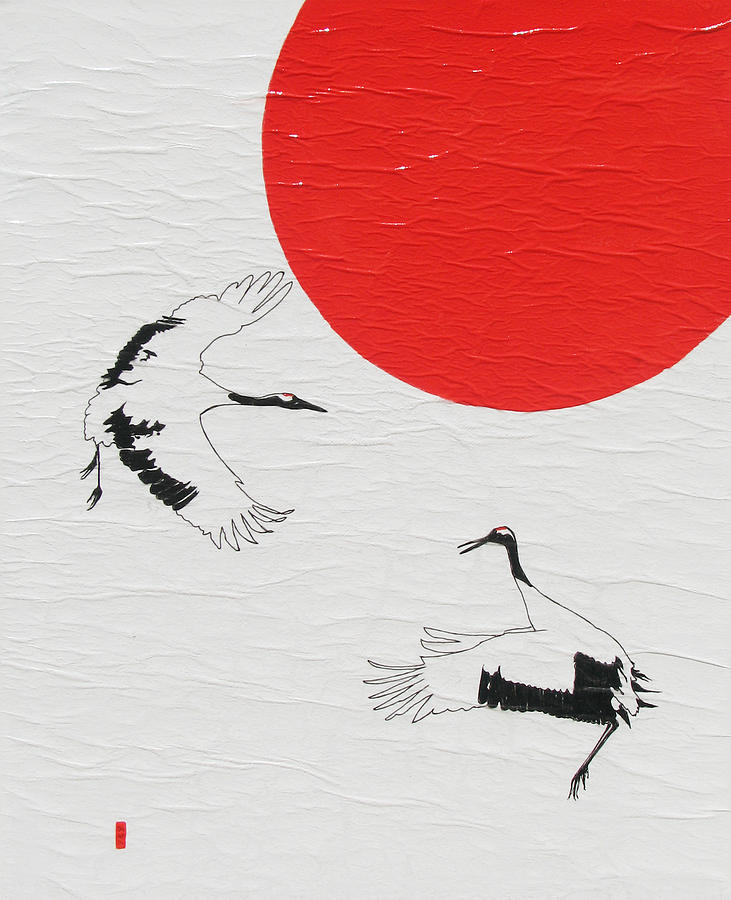 Dancing Japanese Cranes Painting by Stephanie Grant
