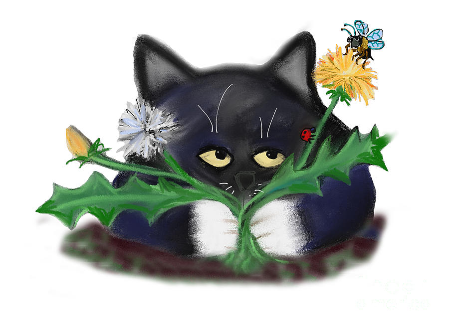 Dandelions and Kitten Digital Art by Ellen Miffitt
