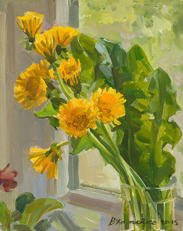 Dandelions in the cup Painting by Victoria Kharchenko