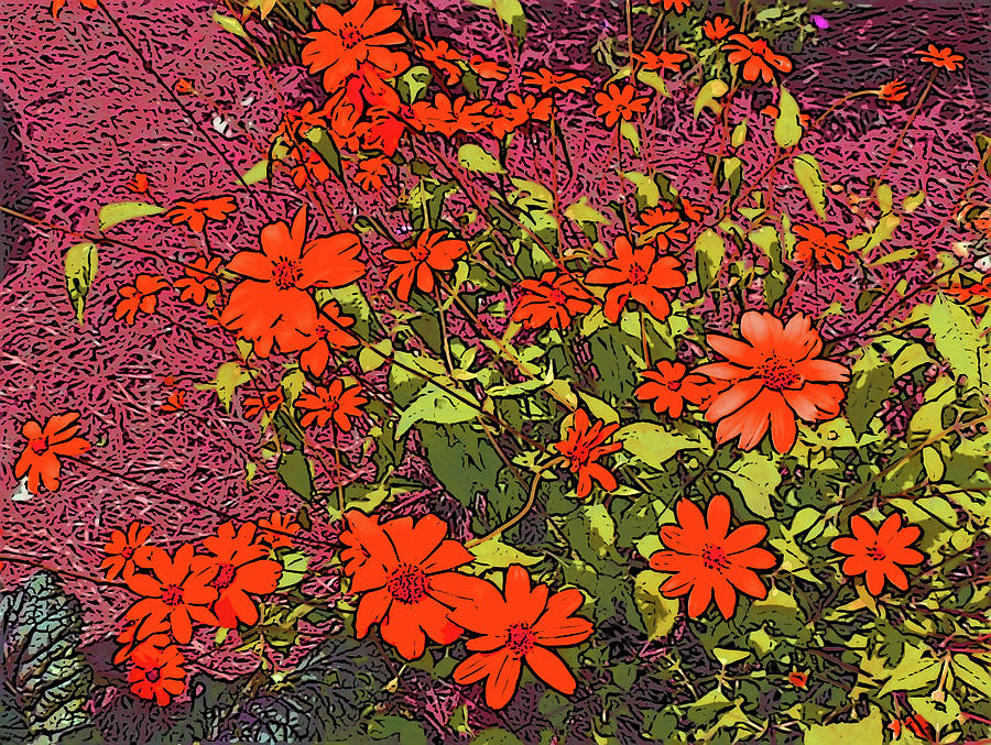 Flower Digital Art - Dandy Digital Daisies in Red by Marian Bell