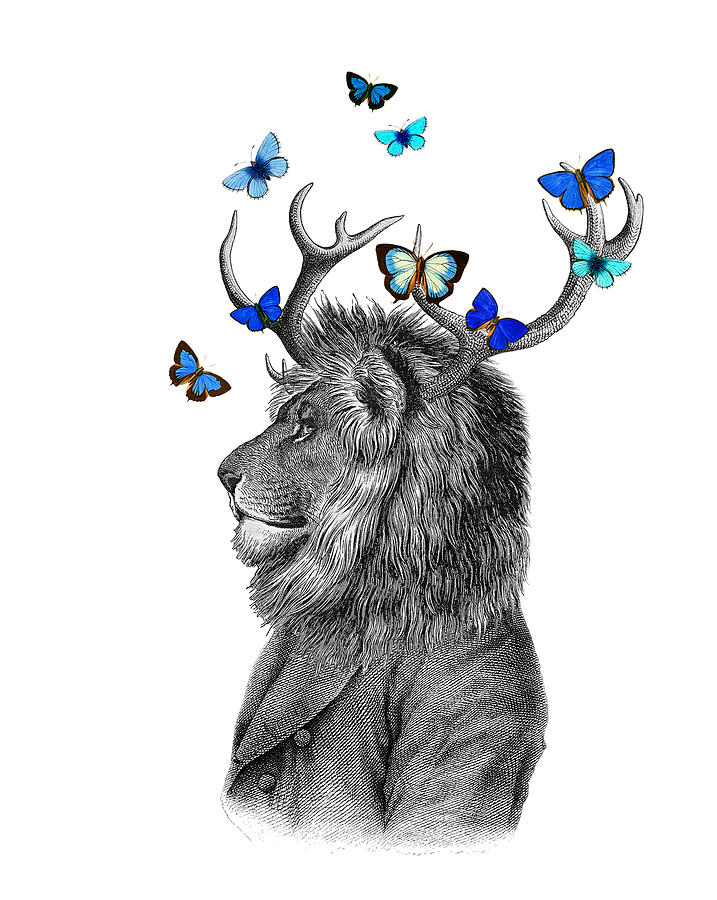 Lion Digital Art - Dandy Lion With Antlers And Blue Butterflies by Madame Memento Lion Digital Art - Dandy Lion With Antlers And Blue Butterflies by Madame Memento