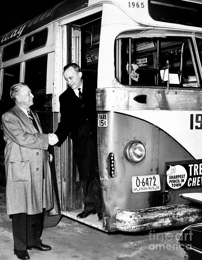 Daniel Gilmartin Standing In New York Bus Greeting James B. Edmunds. 1962. Photograph by William Jacobellis