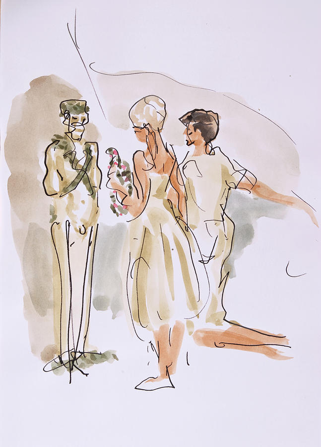 Daphnis and Chloe vow their love to Pan Drawing by Peregrine Roskilly