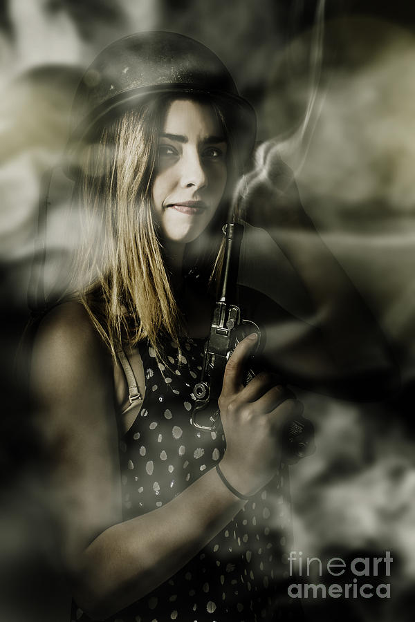 Dark artwork of a female soldier in pistol smoke Photograph by Jorgo Photography