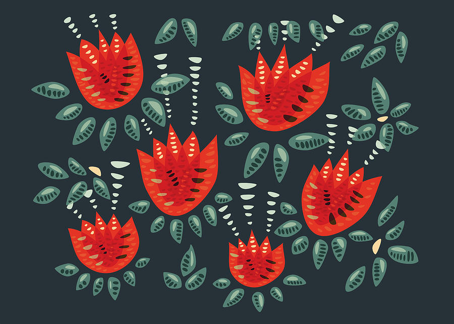 Dark Floral Pattern Of Abstract Red Tulips Digital Art by Boriana Giormova