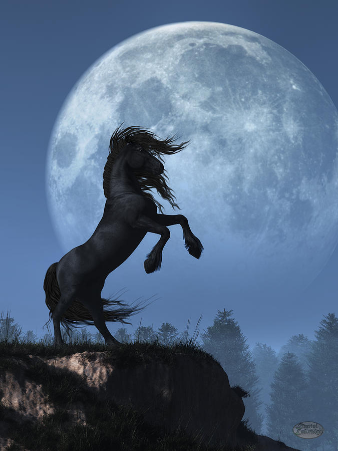 Horse Digital Art - Dark Horse and Full Moon by Daniel Eskridge