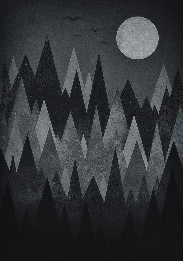 Abstract Digital Art - Dark Mystery Abstract Geometric Triangle Peak Woods black and white by Philipp Rietz