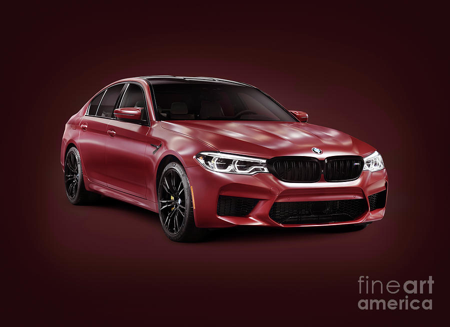 Dark red 2018 BMW M5 performance car sport sedan on burgundy bac Photograph by Maxim Images Exquisite Prints