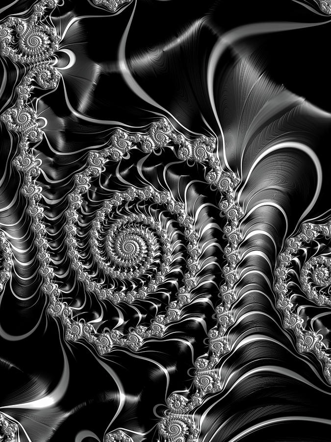 Black And White Digital Art - Dark spirals - fractal art black gray white by Matthias Hauser