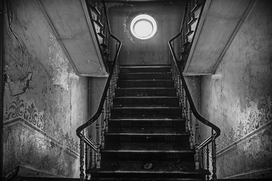 Dark stairs to attic - urban exploration Photograph by Dirk Ercken