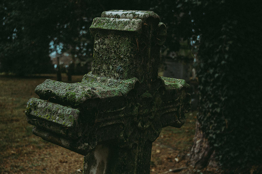 Mossy Photograph - Dark Stone Cross by Kimber Lee