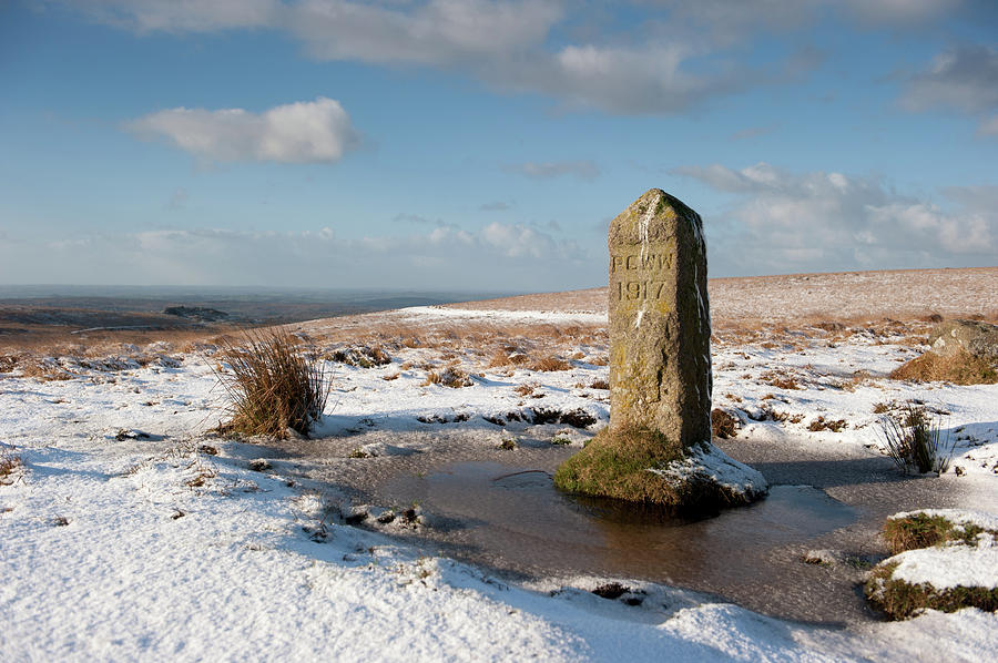 Dartmoor Boundary Stone in the Snow Photograph by Helen Jackson