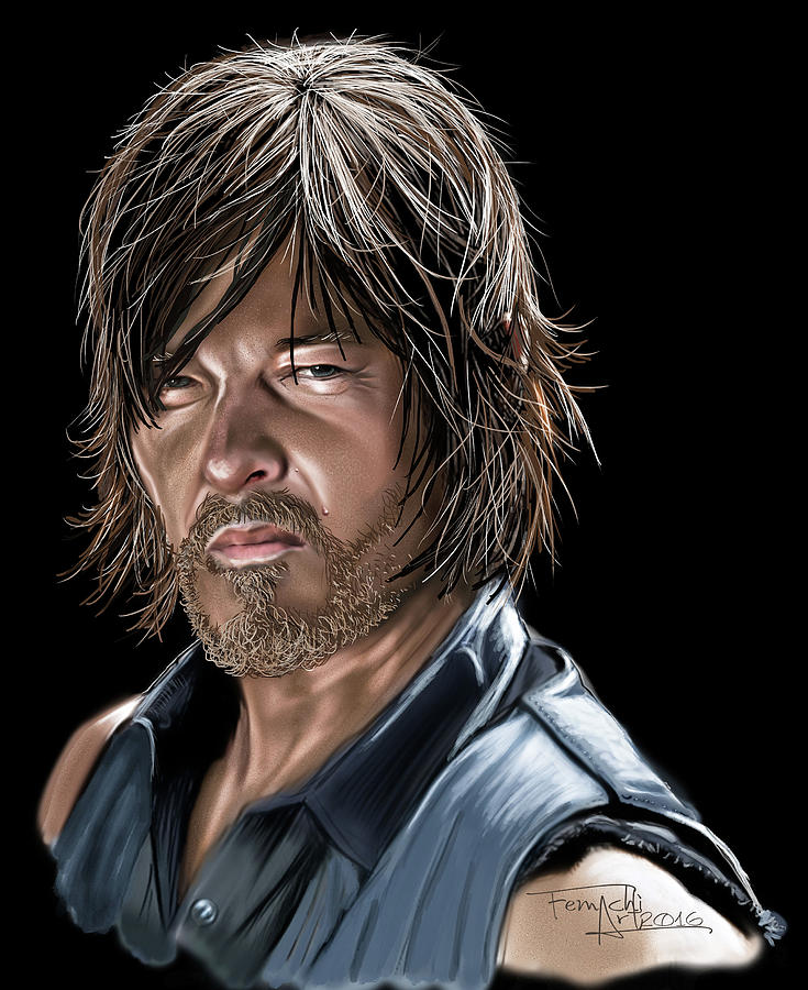 Daryl Dixon The Walking Dead Digital Drawing Painting by Femchi Art