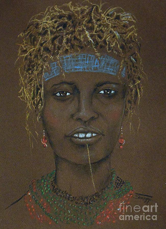 Dassanech Woman, Ethiopia -- Portrait of North African Tribal Woman Mixed Media by Jayne Somogy
