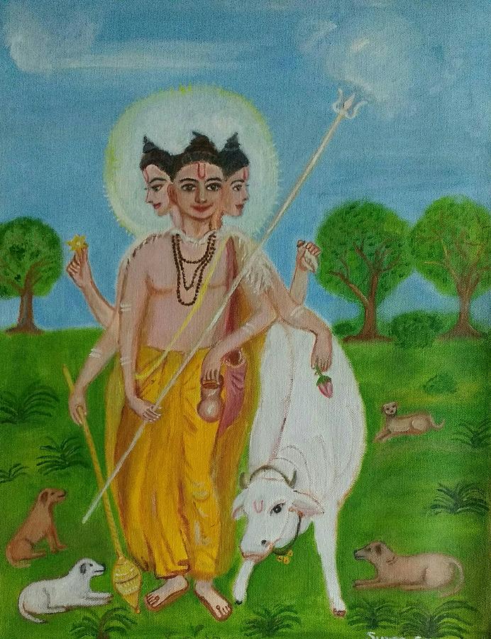 Hindu God Painting - Dattatreya by Suma GV